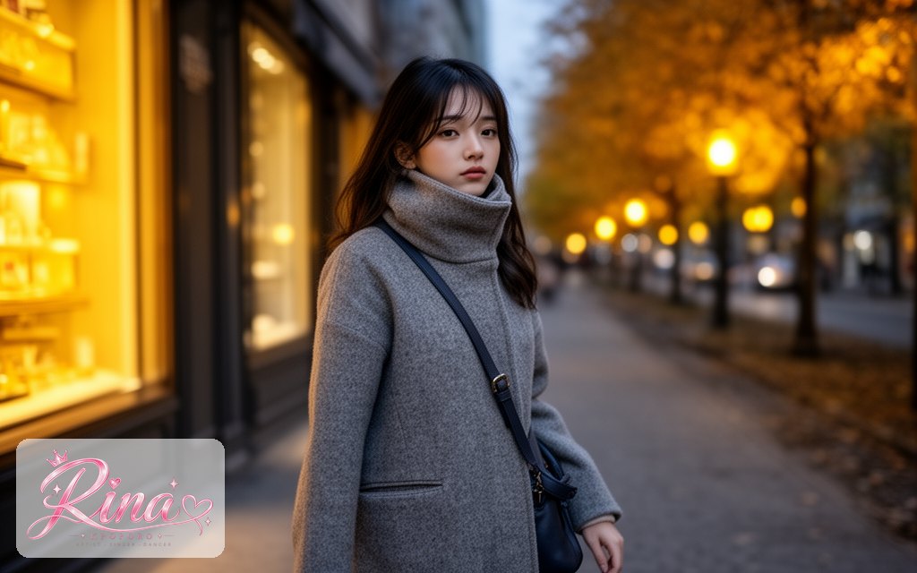 Rina, a POPORO CITY character, walking a quiet city street on an autumn evening under warm shop-window light