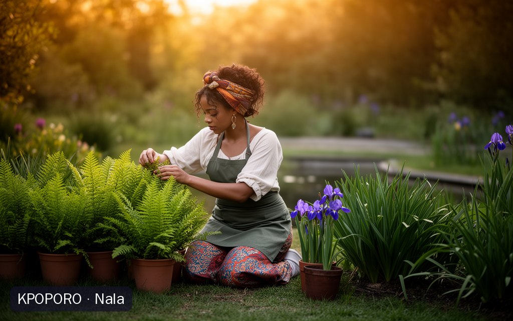 Nala, a POPORO CITY character, arranging potted ferns and irises in a backyard garden at golden hour