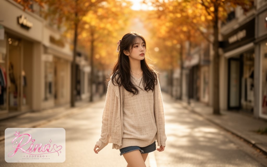 Rina, a POPORO CITY character, walking down a sunlit boutique street on an autumn afternoon