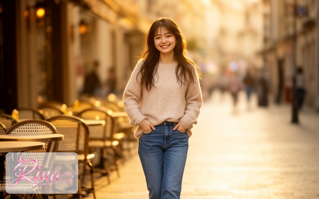Rina, a POPORO CITY character, strolling down a sunny city side street in late-afternoon light