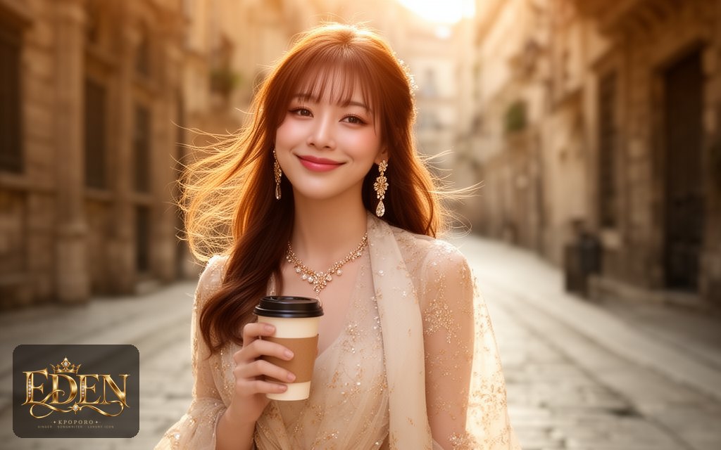 Eden, a POPORO CITY character, walking along a sunlit stone street with a coffee cup on a spring morning