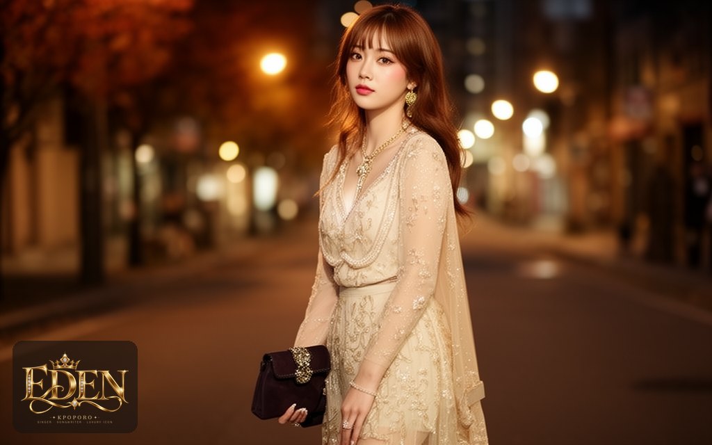 Eden, a POPORO CITY character, stepping out of an evening gallery opening onto a lamplit street