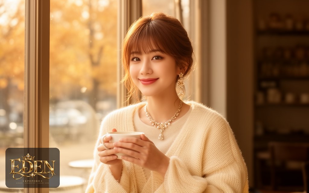 Eden, a POPORO CITY character, sitting by a sunlit cafe window on an autumn morning
