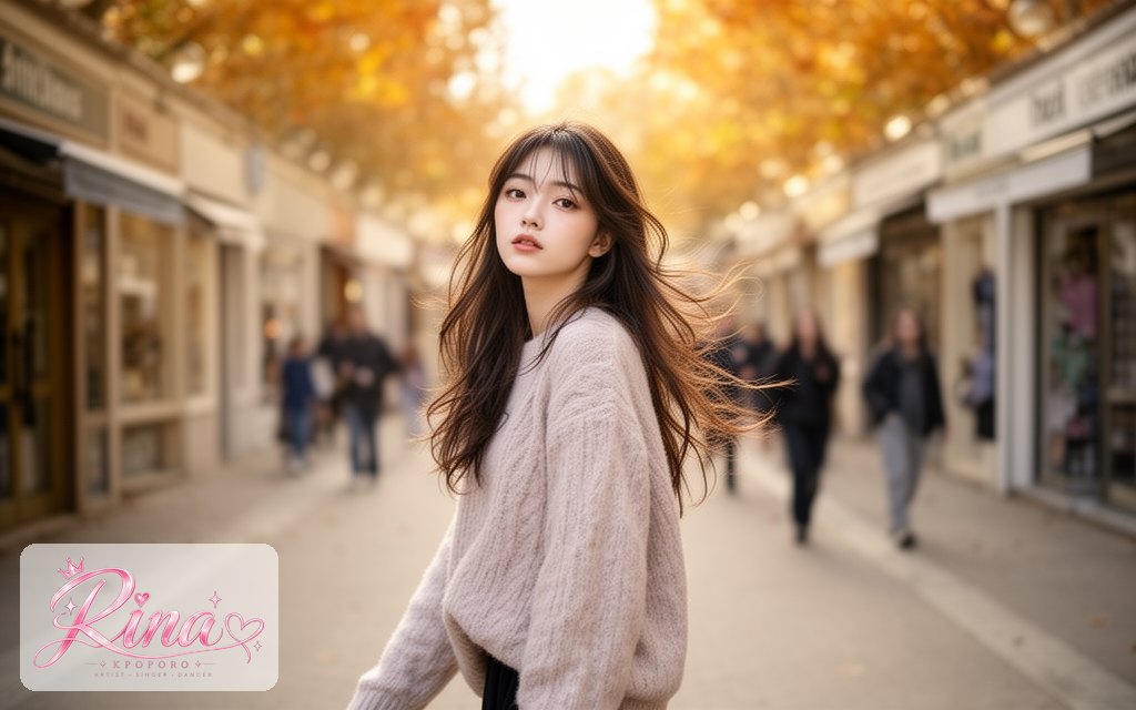 Rina, a POPORO CITY character, walking down a sunny autumn street lined with small shops