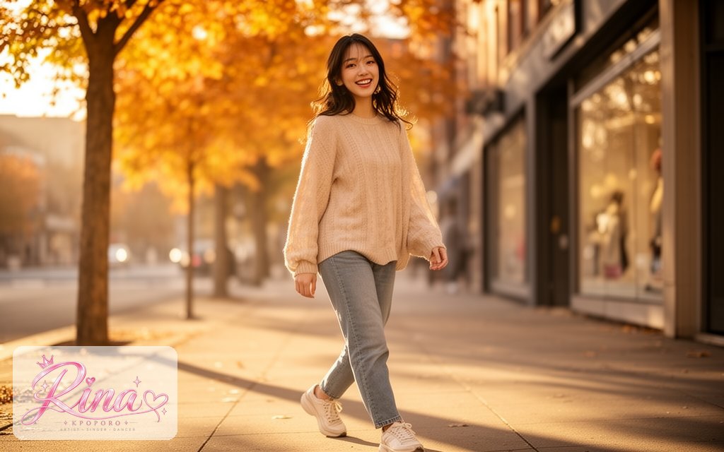 Rina, a POPORO CITY character, walking along a sunny autumn city sidewalk in golden afternoon light