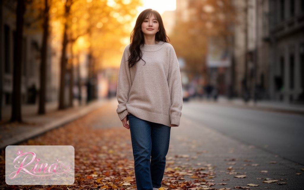 Rina, a POPORO CITY character, walking along a quiet city street on an autumn afternoon