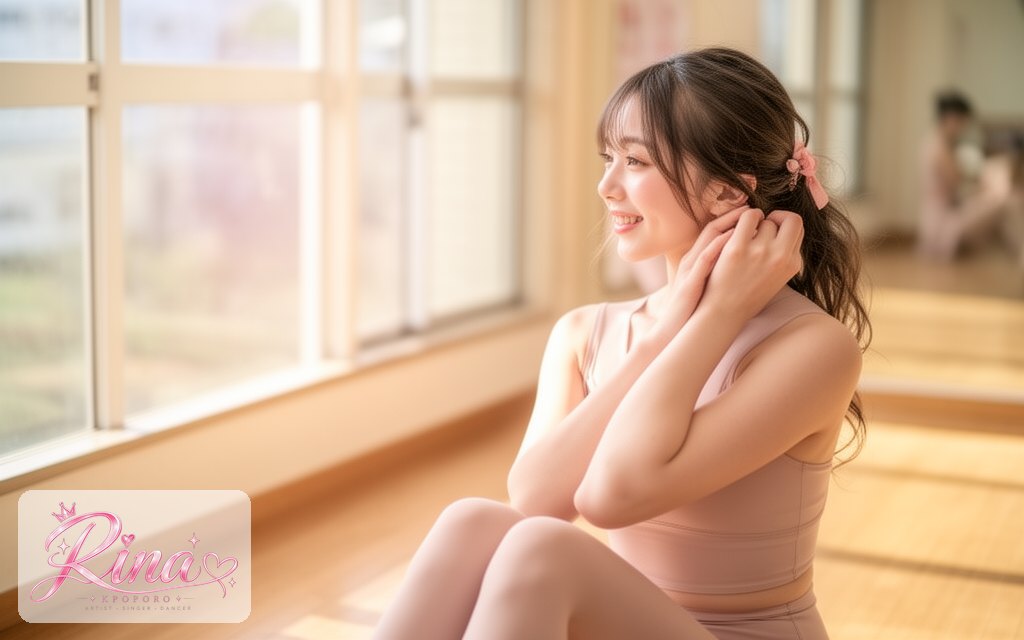 Rina, a POPORO CITY character, tying her hair back by a sunny window in a dance studio