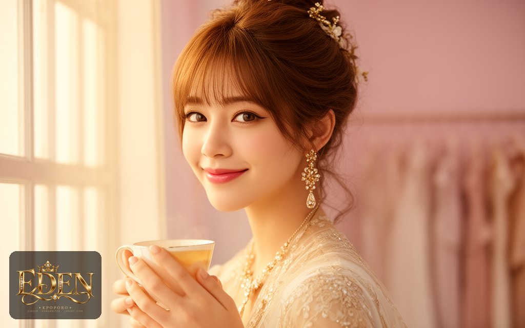 Eden, a POPORO CITY character, standing by a sunlit window in a pastel boutique dressing room