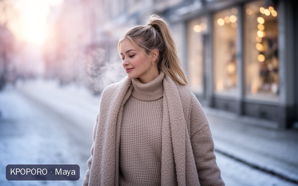 Maya, a POPORO CITY character, walking along a frosty city street on a winter morning