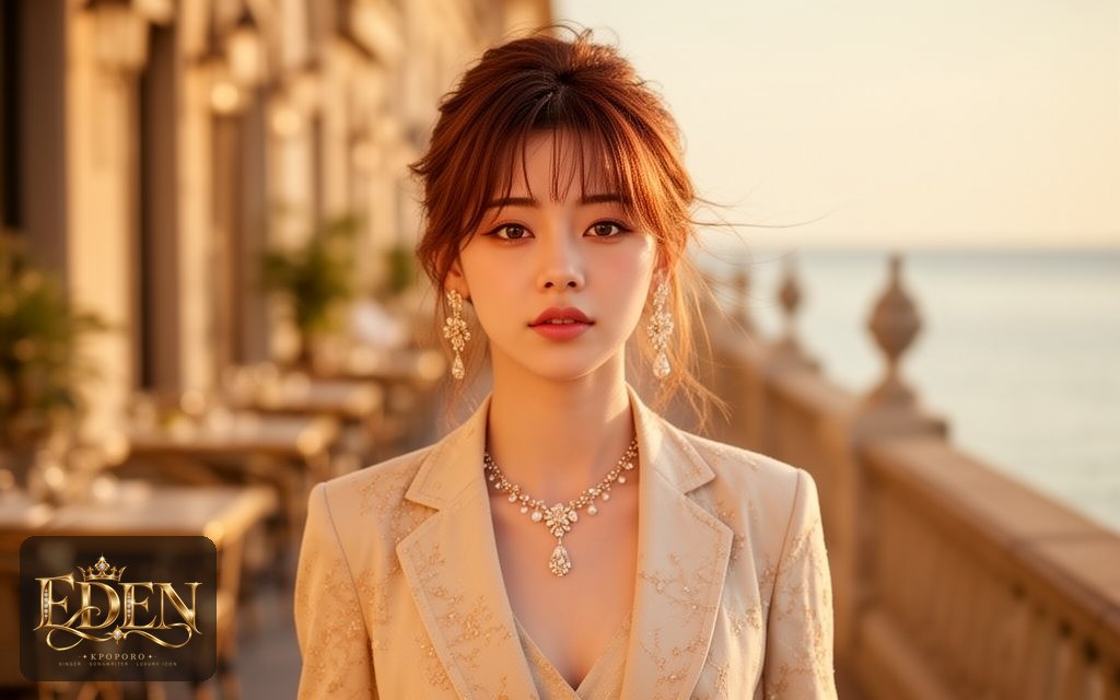 Eden, a POPORO CITY character, strolling along a sunlit seaside promenade in late spring