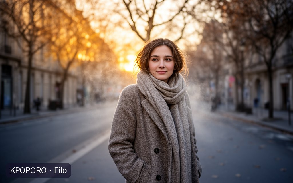 Filo, a POPORO CITY character, walking along a quiet city street on a crisp late-autumn morning