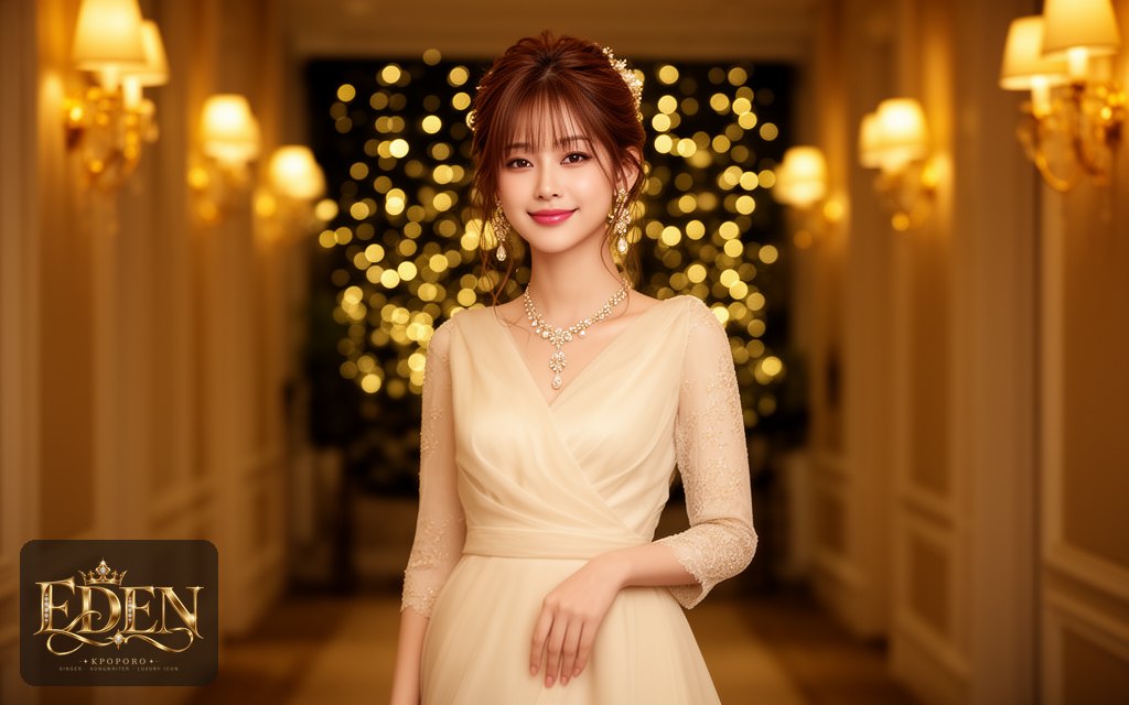 Eden, a POPORO CITY character, getting ready for an evening wedding reception in a softly lit hotel corridor