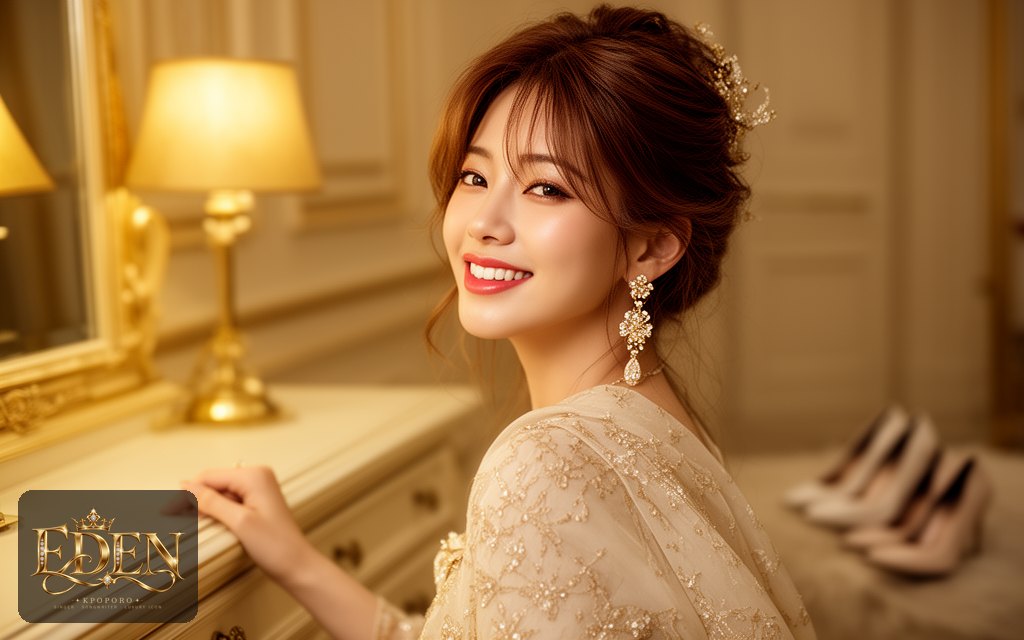 Eden, a POPORO CITY character, getting ready for an evening party by a vanity mirror in warm golden light