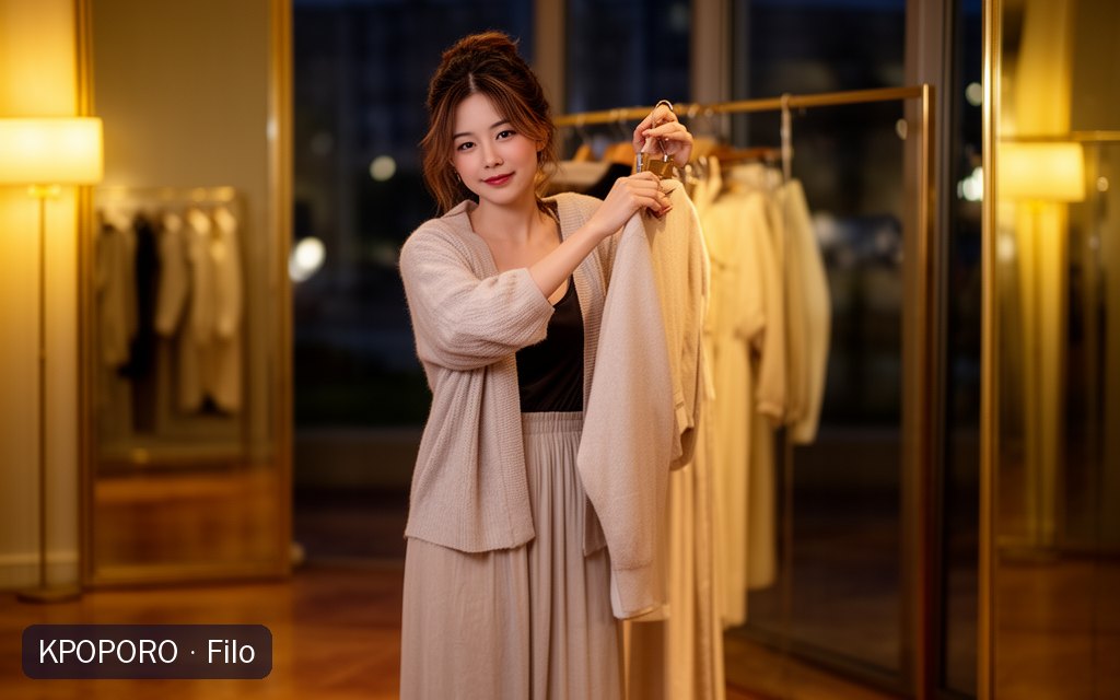Filo, a POPORO CITY character, in an elegant boutique fitting area under warm evening lamp light