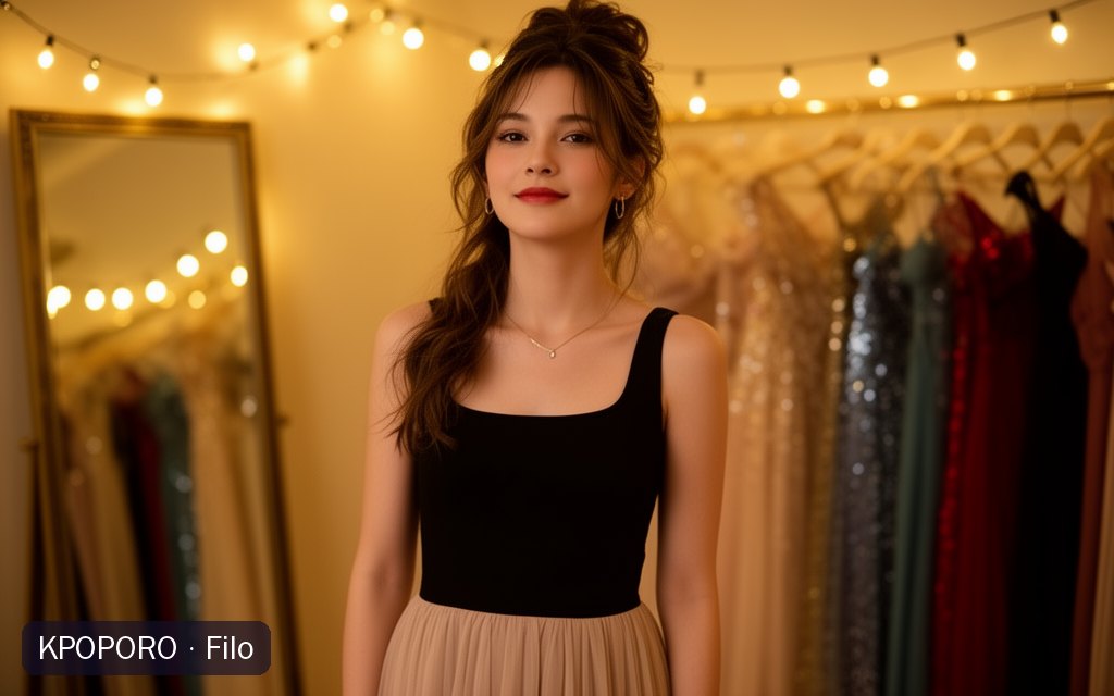 Filo, a POPORO CITY character, in a softly lit boutique fitting area with string lights before an evening dance
