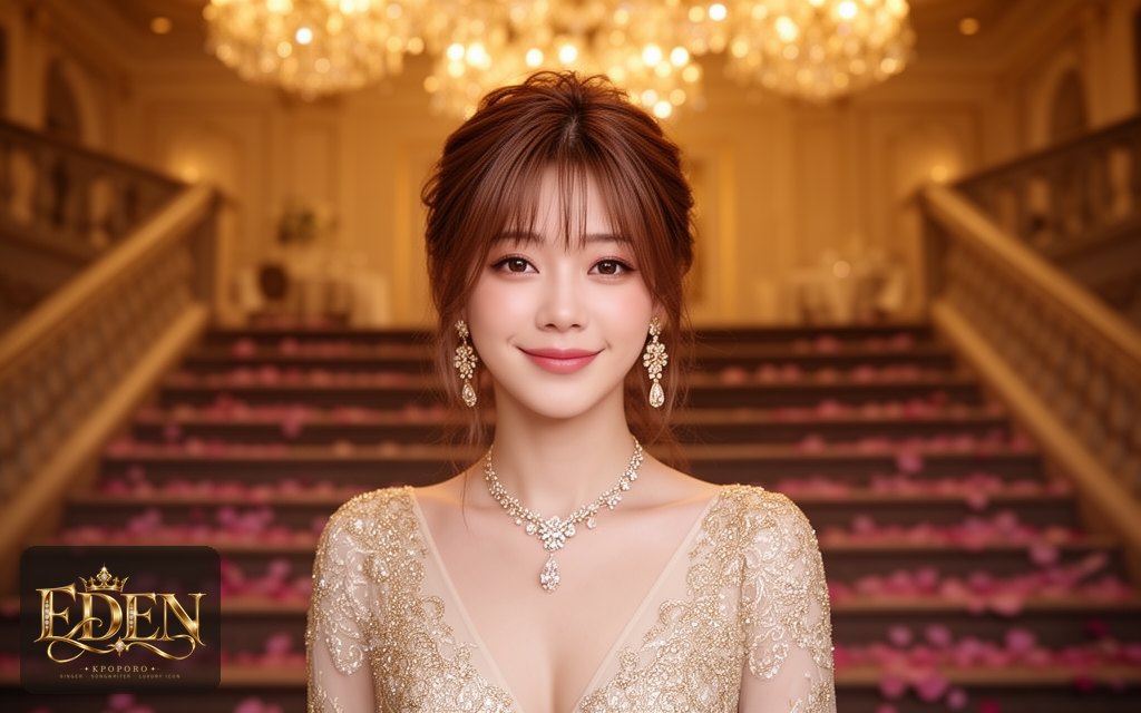 Eden, a POPORO CITY character, standing at the top of a ballroom staircase in warm chandelier light
