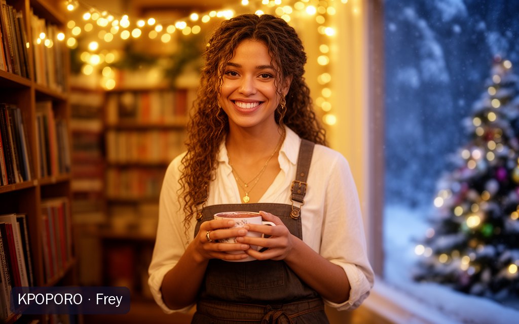 Frey, a POPORO CITY character, in a cozy bookstore on a winter evening holding a mug of cocoa under warm string lights