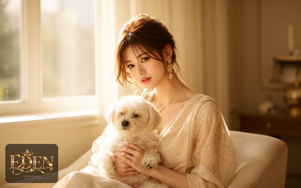 Eden, a POPORO CITY character, sitting by a sunny window with a small fluffy dog on her lap