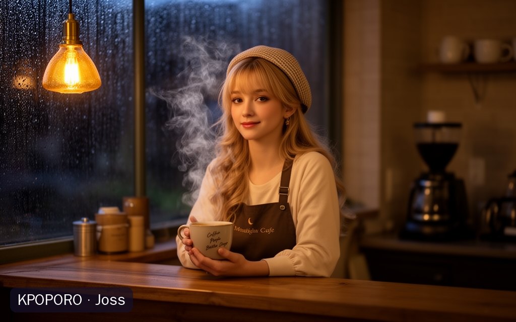 Joss, a POPORO CITY character, behind the counter of a cozy cafe in the evening holding a warm mug