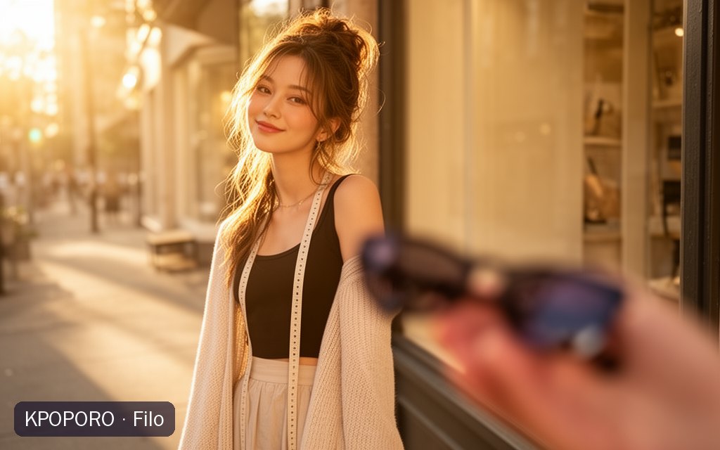 Filo, a POPORO CITY character, on a sunny city sidewalk outside a boutique window in late afternoon light