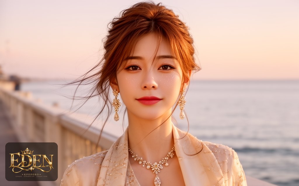 Eden, a POPORO CITY character, strolling along a sunlit seaside promenade in late afternoon