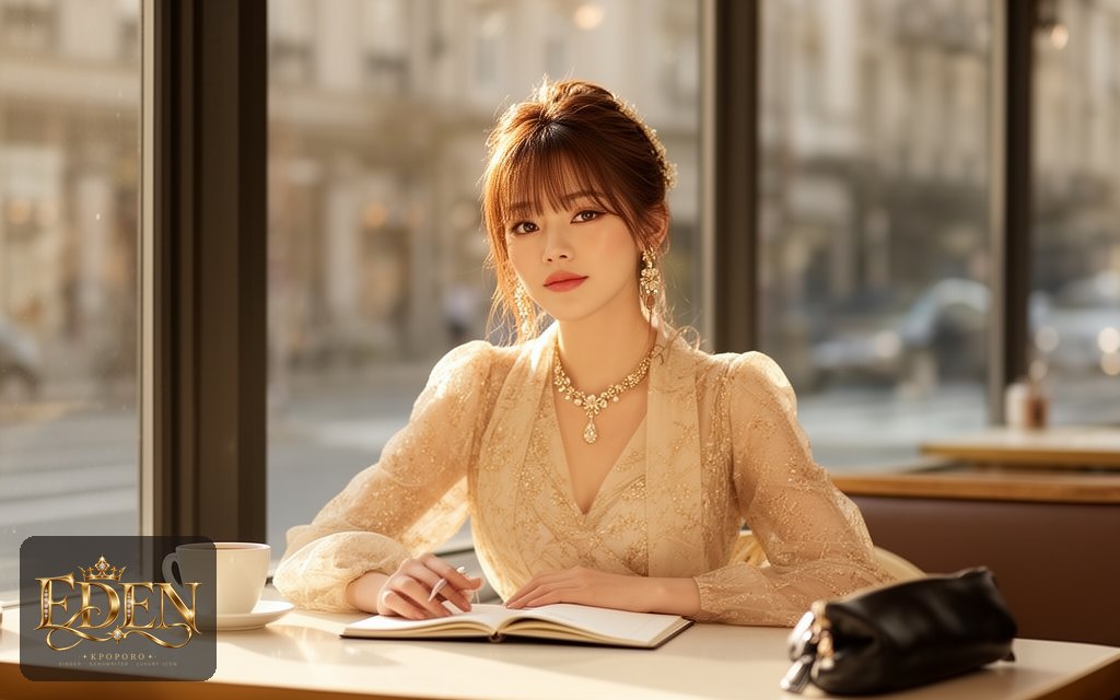 Eden, a POPORO CITY character, sitting at a sunlit cafe table with a coffee and notebook on a calm morning