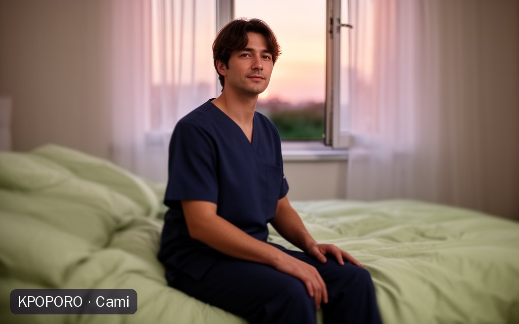 Cami, a POPORO CITY character, resting in a calm bedroom on a warm summer evening with a breeze moving the curtains