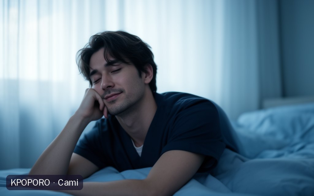 Cami, a POPORO CITY character, resting in a calm bedroom in soft morning light after a night shift