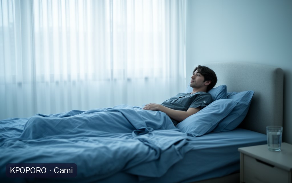 Cami, a POPORO CITY character, resting in a calm bedroom in cool early-morning light after a night shift