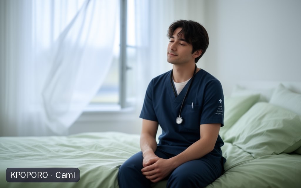 Cami, a POPORO CITY character, resting in an airy bedroom after a night shift in cool morning light