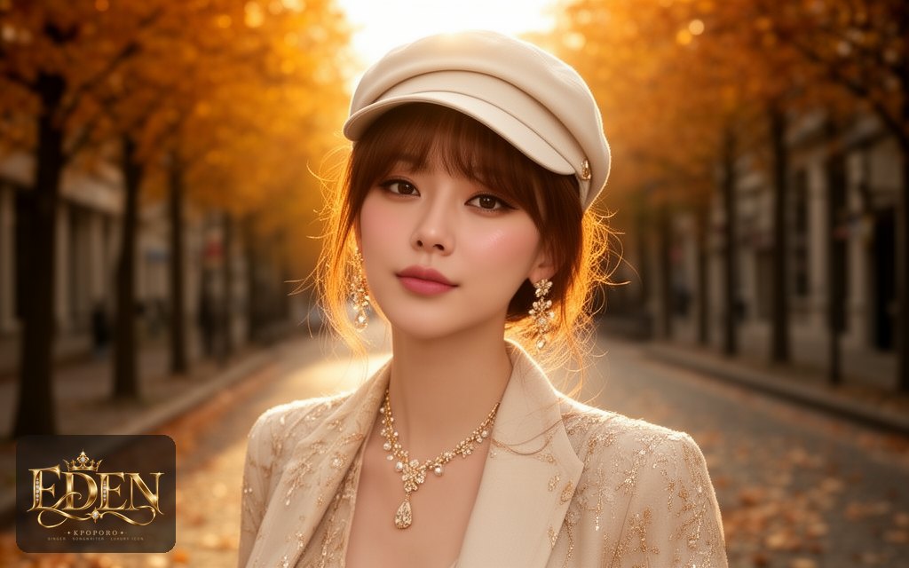 Eden, a POPORO CITY character, walking along a tree-lined street on a golden autumn afternoon
