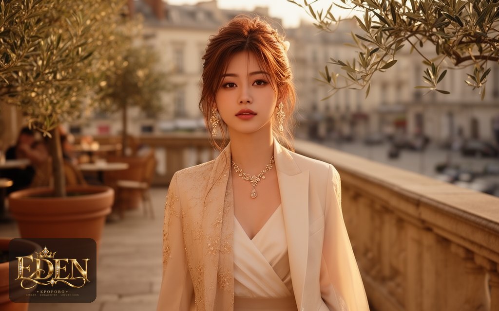 Eden, a POPORO CITY character, strolling along a sunlit cafe terrace in late afternoon