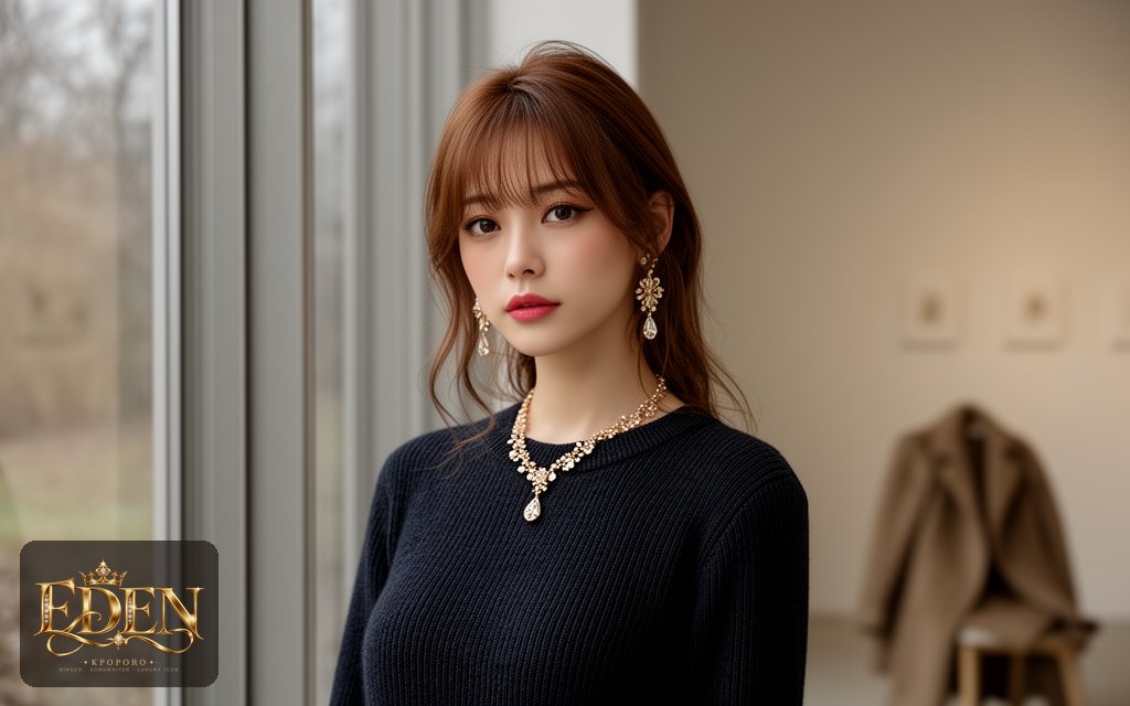 Eden, a POPORO CITY character, standing by a tall window in a quiet gallery on an autumn afternoon