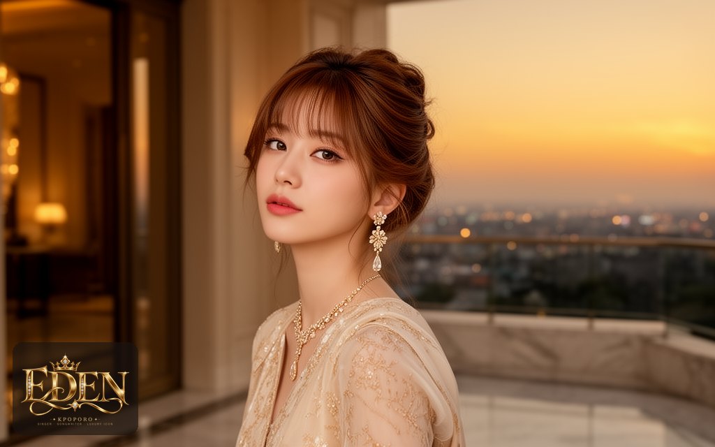 Eden, a POPORO CITY character, stepping onto a marble terrace at golden hour
