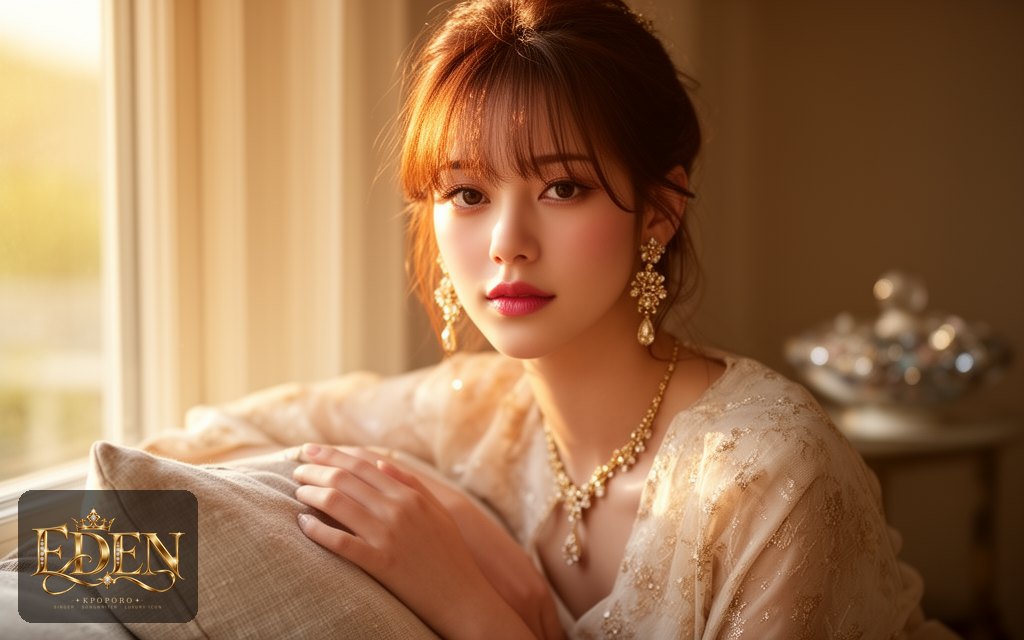Eden, a POPORO CITY character, sitting by a sunlit window in a calm apartment in the late afternoon
