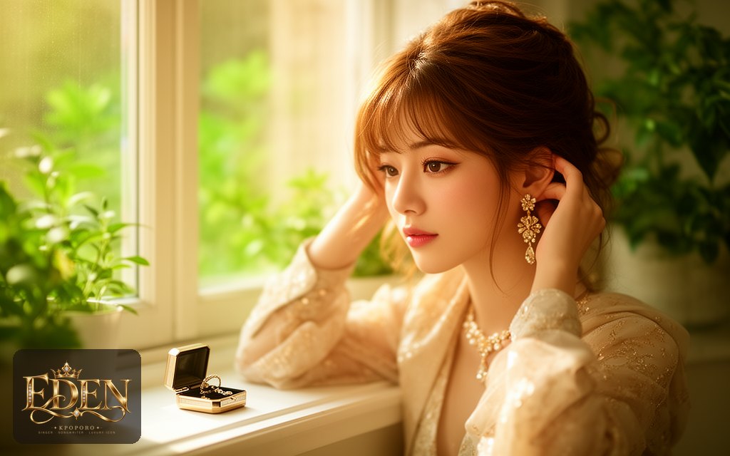 Eden, a POPORO CITY character, sitting by a sunlit window in a calm, plant-filled apartment