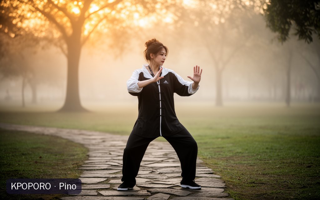 Pino, a POPORO CITY character, practicing slow tai chi in a misty park at sunrise