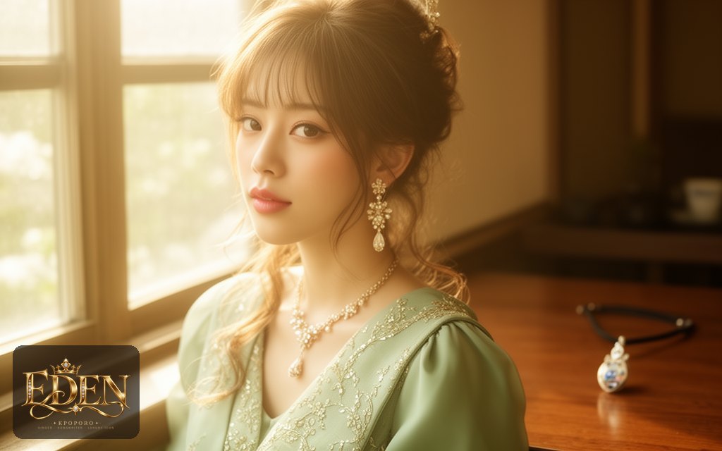 Eden, a POPORO CITY character, sitting by a sunlit window in a calm tea room in the early morning