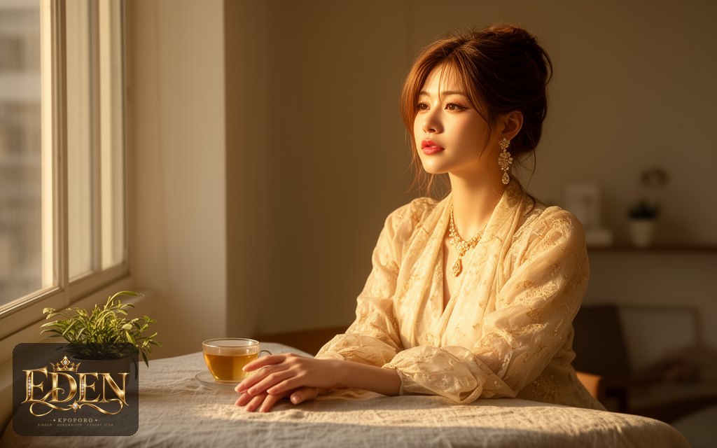 Eden, a POPORO CITY character, sitting by a sunlit window in a calm minimalist apartment with a cup of tea