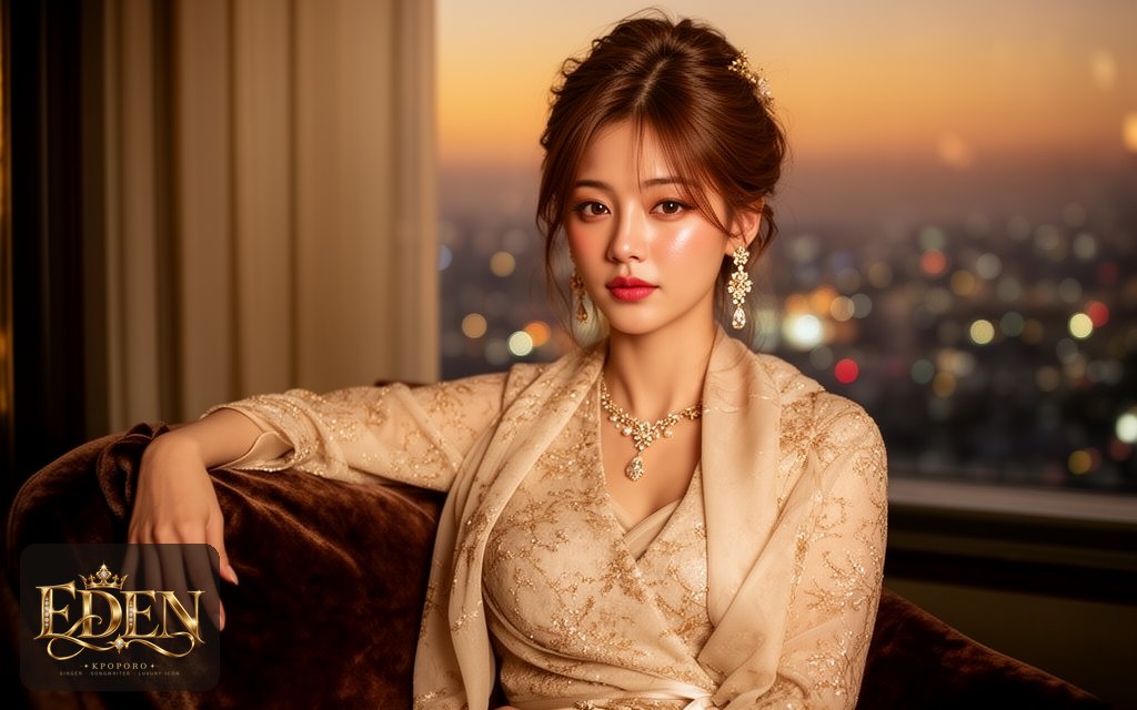 Eden, a POPORO CITY character, sitting by a tall window in an elegant evening lounge at golden hour