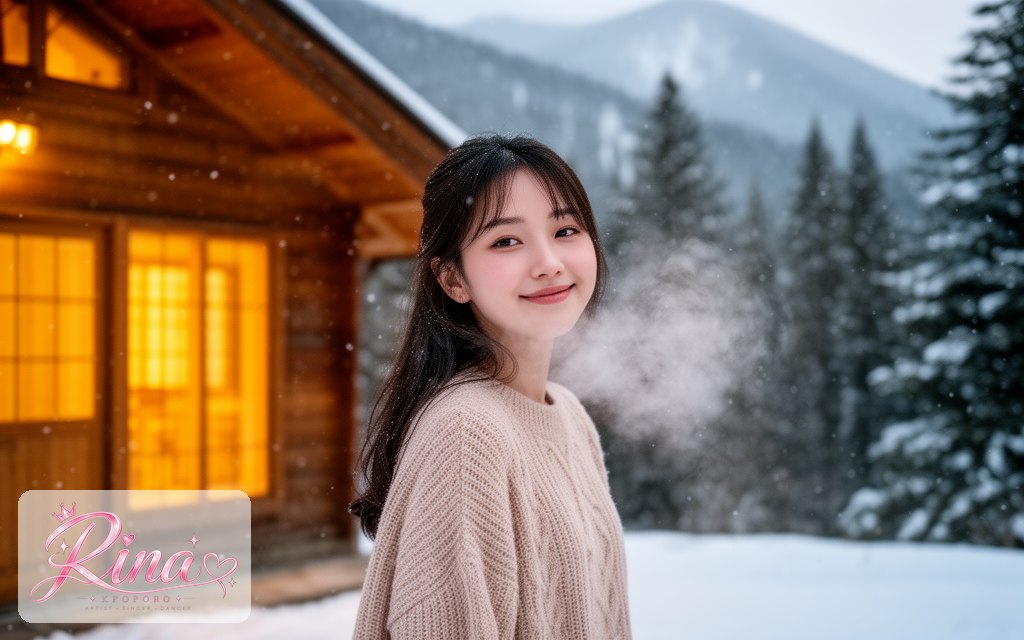 Rina, a POPORO CITY character, outside a wooden mountain lodge on a snowy winter morning