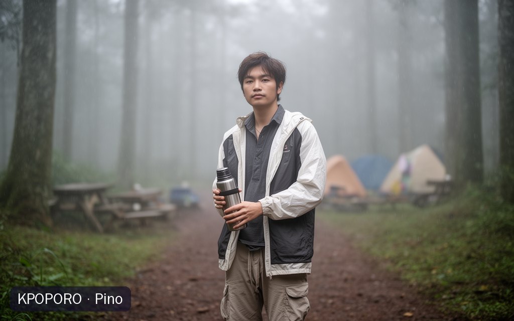 Pino, a POPORO CITY character, on a misty forest trail at a campsite in early morning drizzle
