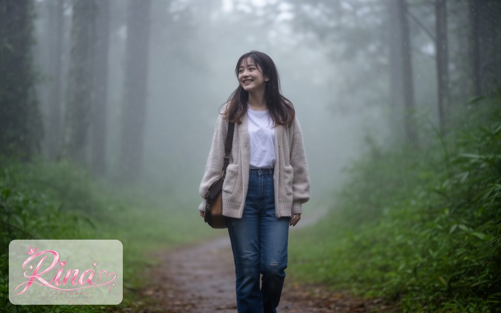 Rina, a POPORO CITY character, walking along a misty forest trail on a cool morning