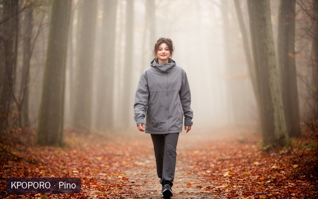Pino, a POPORO CITY character, walking a misty forest trail on a breezy autumn morning