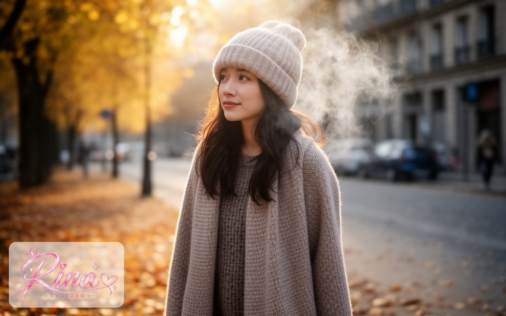 Rina, a POPORO CITY character, walking along a chilly autumn street in golden afternoon light