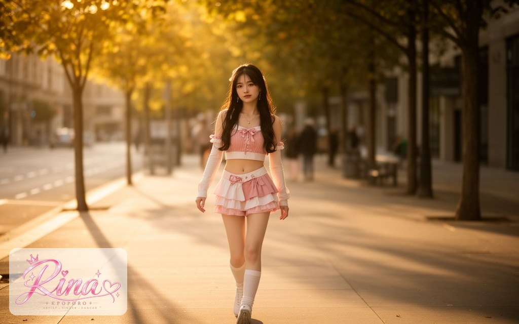 Rina, a POPORO CITY character, walking along a sunlit city sidewalk in the late afternoon