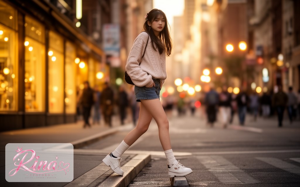 Rina, a POPORO CITY character, walking down a lively city street at golden hour