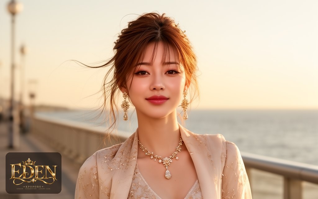 Eden, a POPORO CITY character, strolling along a sunlit seaside promenade in warm late-afternoon light