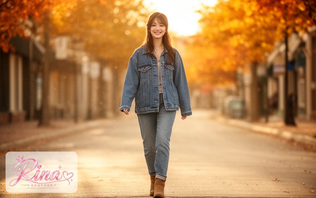 Rina, a POPORO CITY character, walking down a sunny small-town street at golden hour