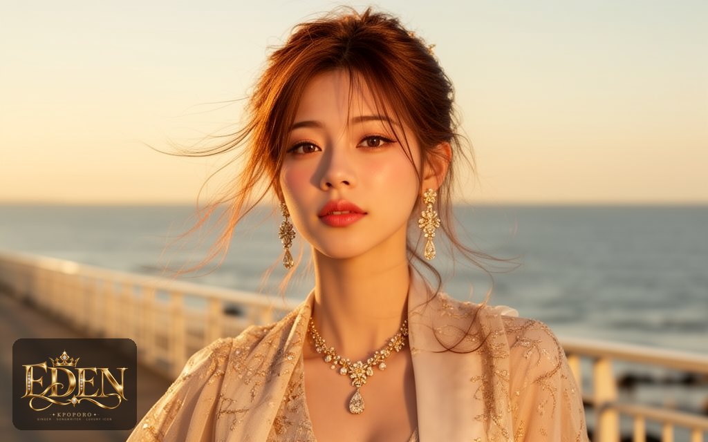 Eden, a POPORO CITY character, strolling along a sunlit seaside promenade in late afternoon